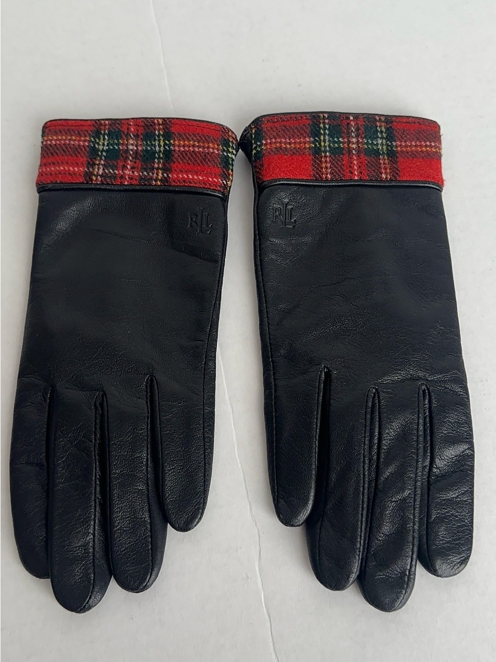 Lauren Ralph Lauren Leather Gloves Women’s Large Black Red Tartan Plaid Cuff